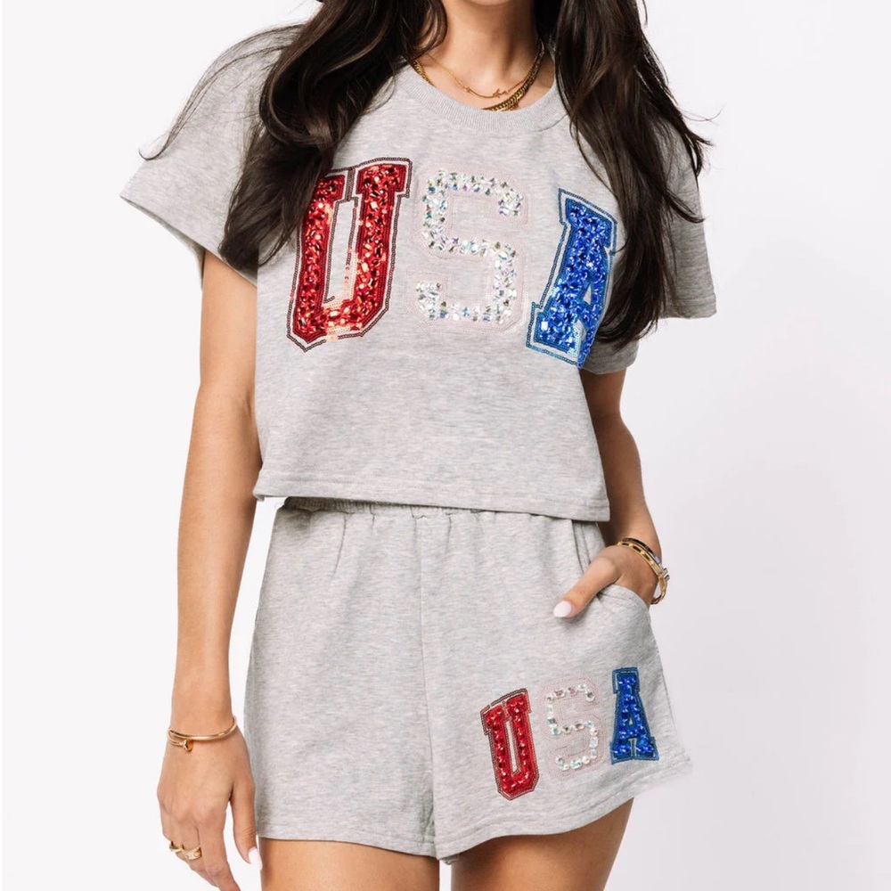 Queen of Sparkles Gray Rhinestone USA Top & Short Set